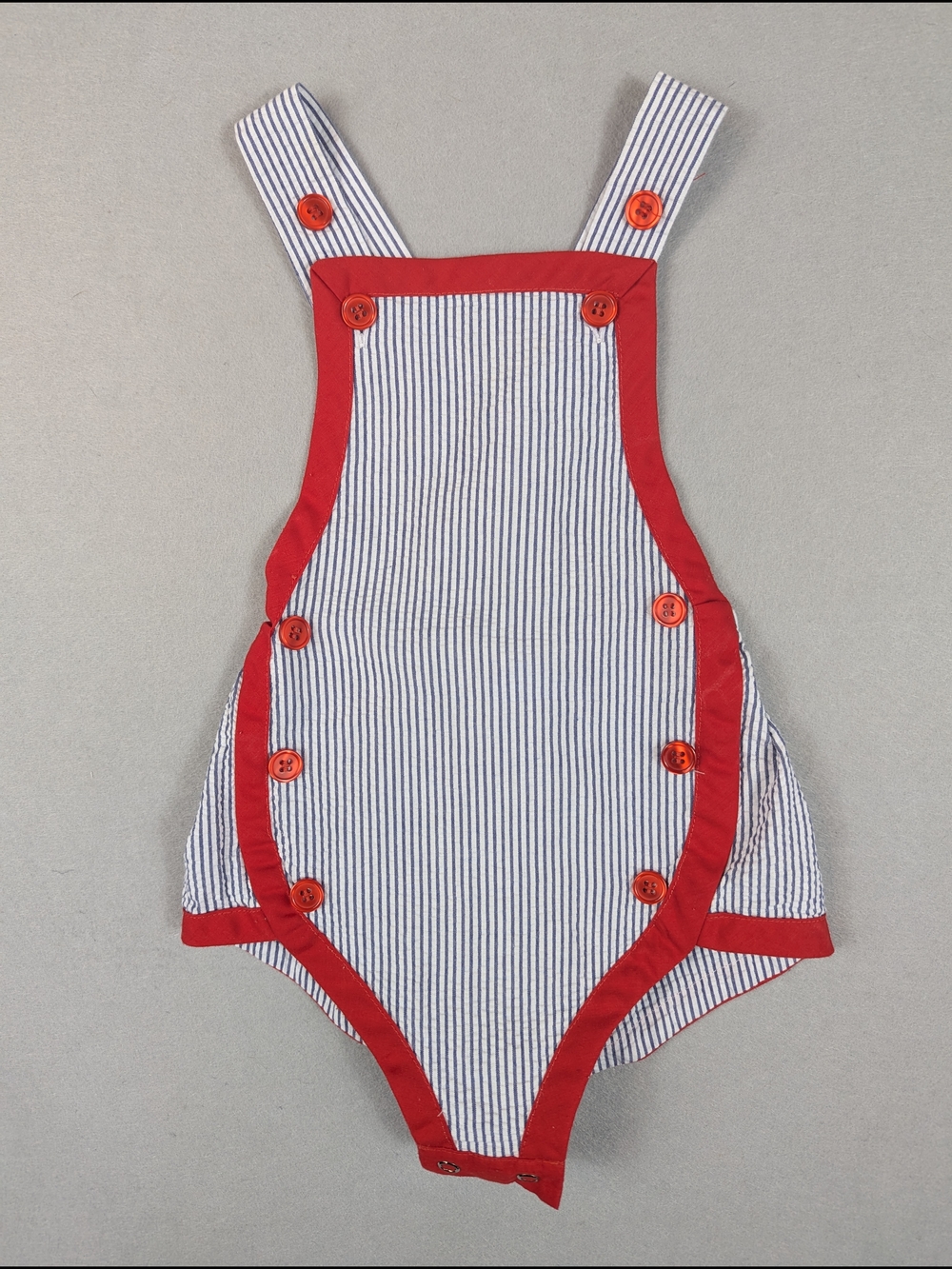 Bella Bliss Sunsuit Romper Blue White Striped Red Trim 12M 100% Cotton
